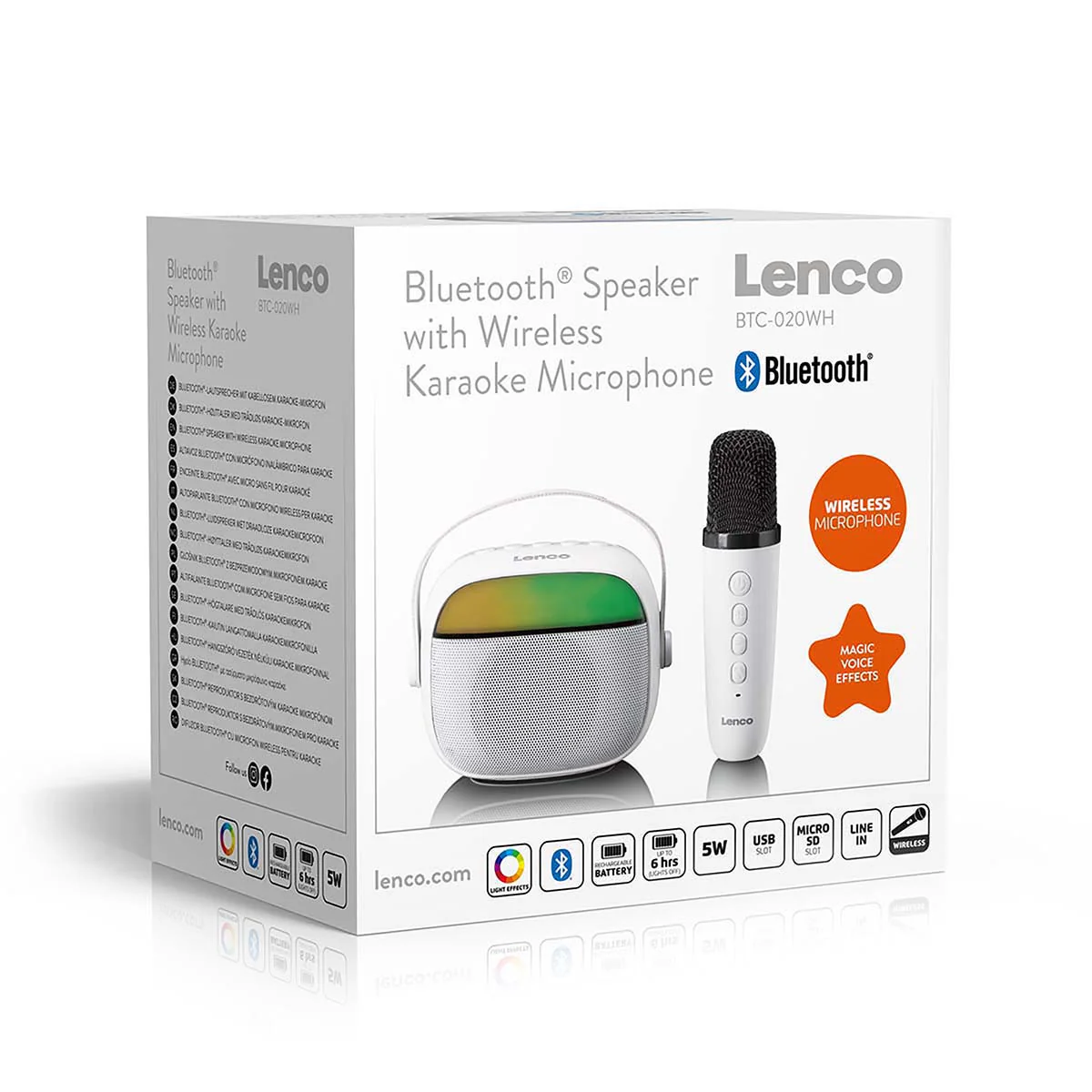 LENCO BTC-020WH - Compacte karaoke speaker met Bluetooth®, oplaadbare batterij, draadloze karaoke microfoon en LED-lichteffecten - Wit - Image 10