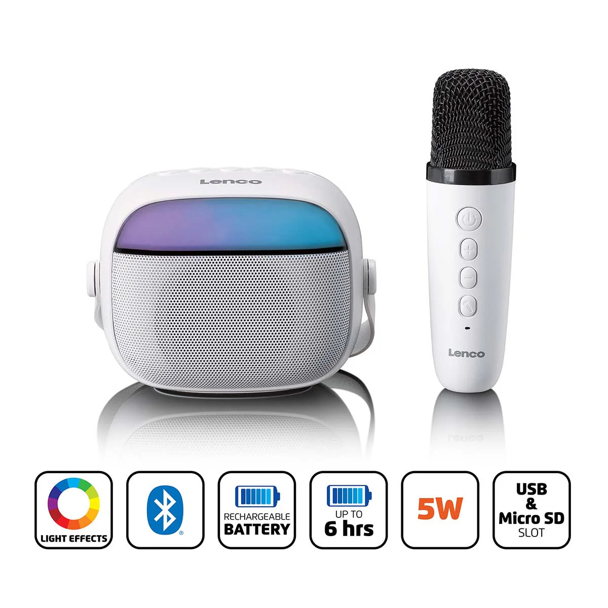 LENCO BTC-020WH - Compacte karaoke speaker met Bluetooth®, oplaadbare batterij, draadloze karaoke microfoon en LED-lichteffecten - Wit - Image 7