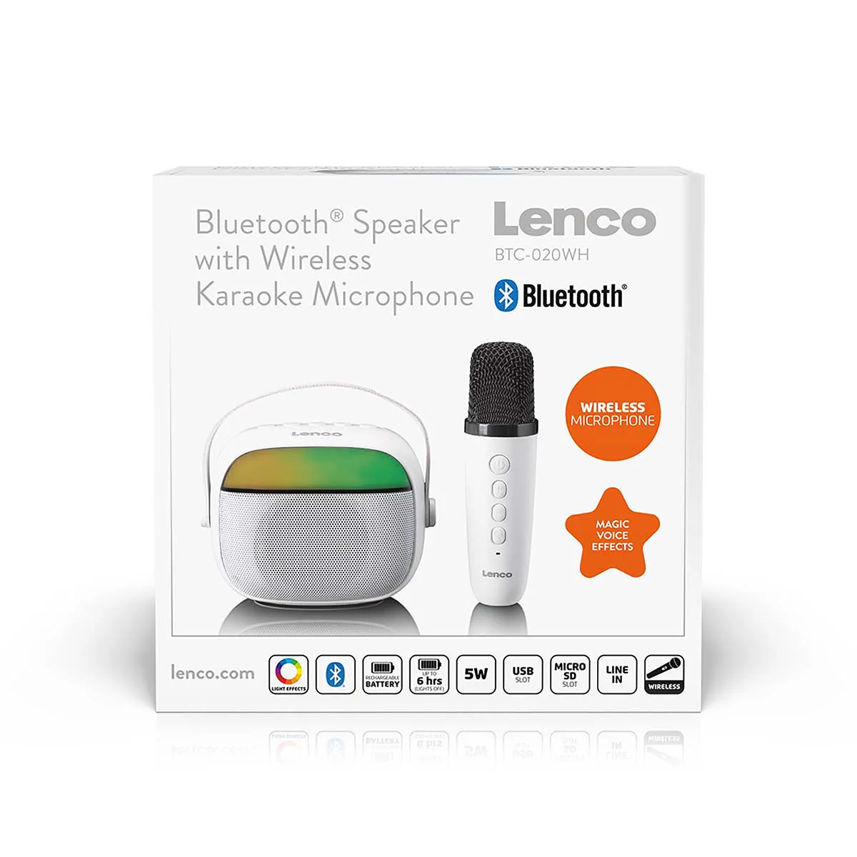 LENCO BTC-020WH - Compacte karaoke speaker met Bluetooth®, oplaadbare batterij, draadloze karaoke microfoon en LED-lichteffecten - Wit - Image 8