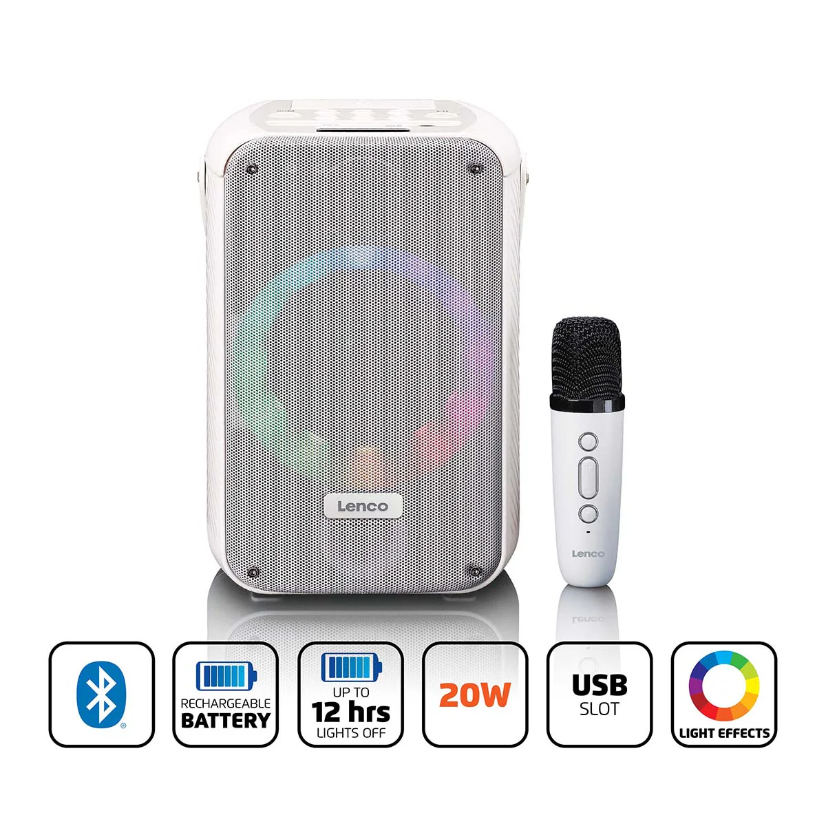 LENCO BTC-060WH - Karaoke set met Bluetooth®, oplaadbare batterij, draadloze karaoke microfoon en disco LED-verlichting - Wit - Image 11