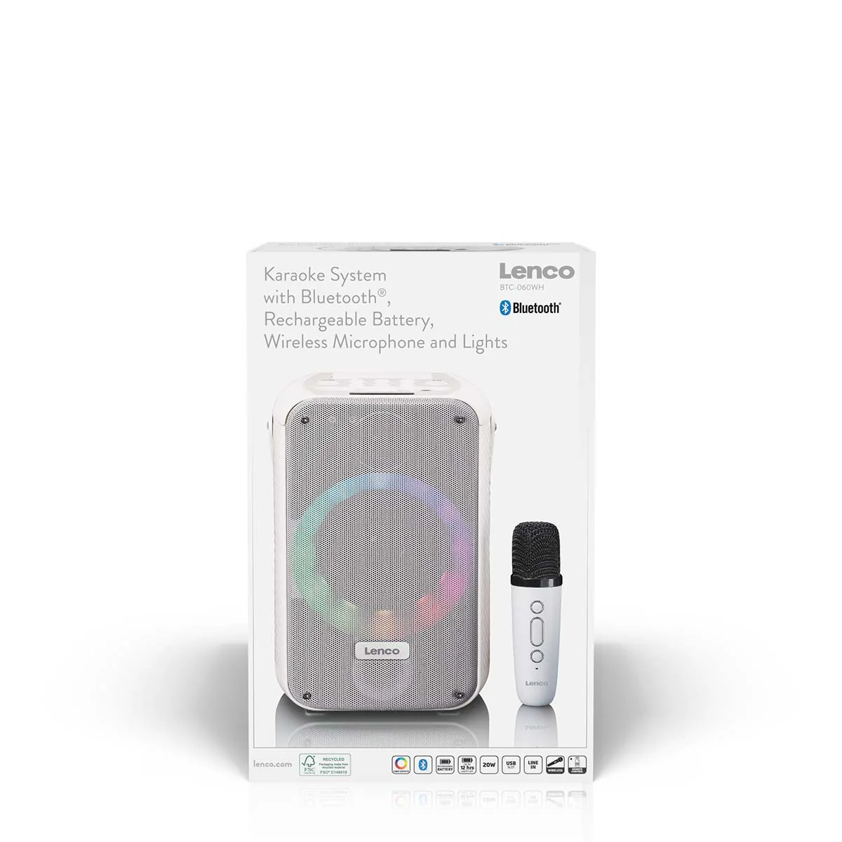 LENCO BTC-060WH - Karaoke set met Bluetooth®, oplaadbare batterij, draadloze karaoke microfoon en disco LED-verlichting - Wit - Image 14