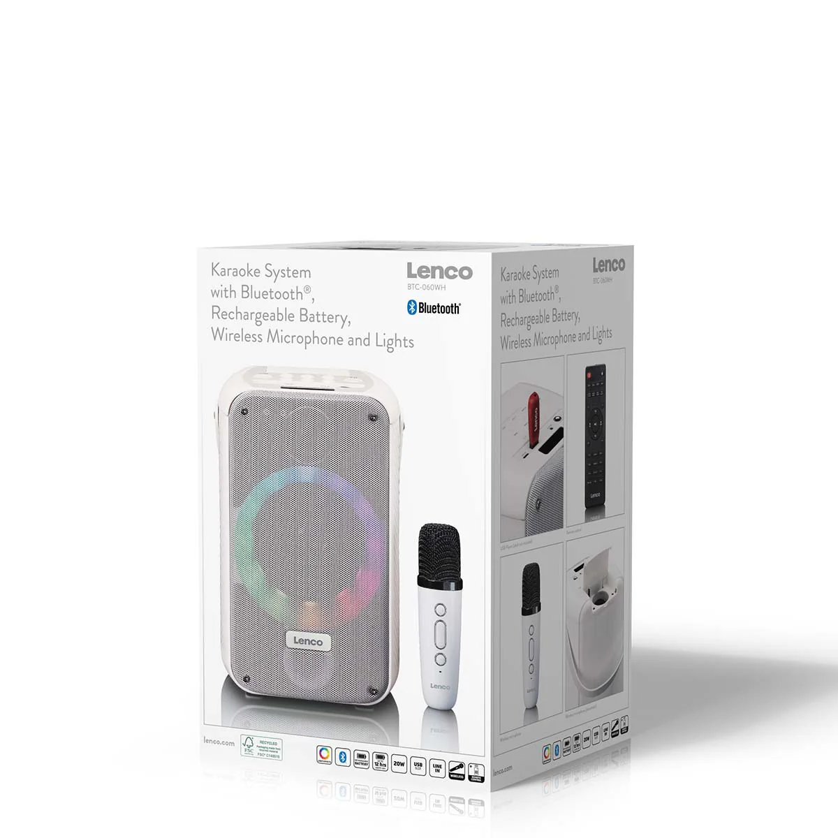 LENCO BTC-060WH - Karaoke set met Bluetooth®, oplaadbare batterij, draadloze karaoke microfoon en disco LED-verlichting - Wit - Image 15